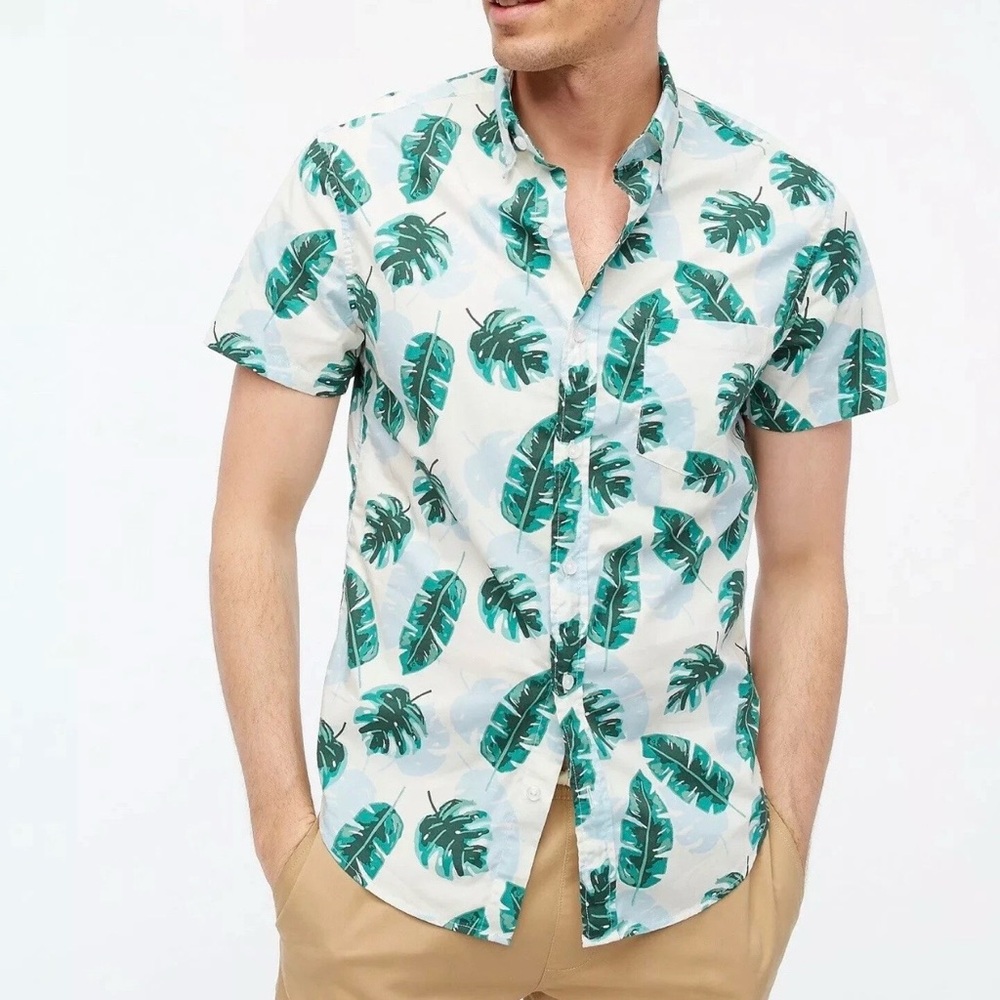 J. Crew Hawaii Tropical Leaf Button Down Shirt Mens Large Slim Fit Short Sleeve